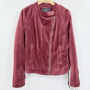 BNCI Burgundy Velvet Boho Retro Style  Moto Jacket Lace Up Trims Size Large
